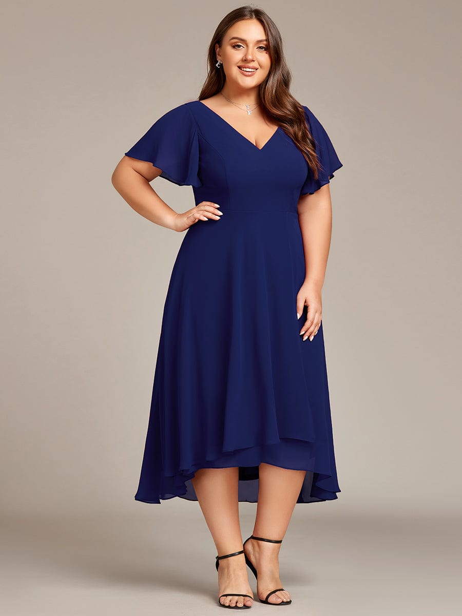 High Low Chiffon Wedding Guest Dress with V-Neck and Ruffle Sleeves #Color_Navy Blue