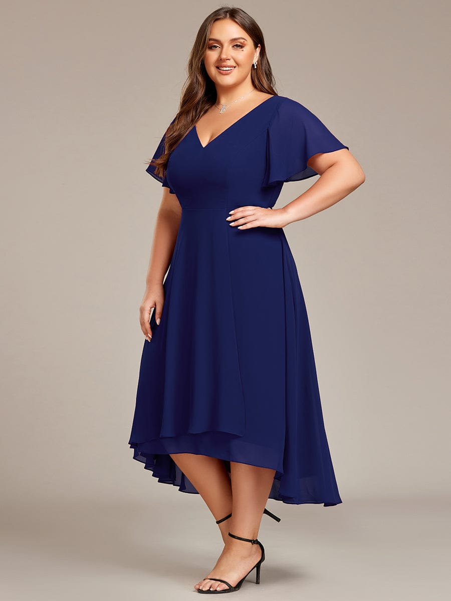 High Low Chiffon Wedding Guest Dress with V-Neck and Ruffle Sleeves #Color_Navy Blue