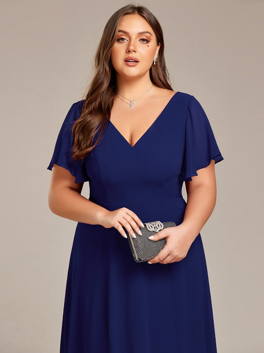 High Low Chiffon Wedding Guest Dress with V-Neck and Ruffle Sleeves #Color_Navy Blue