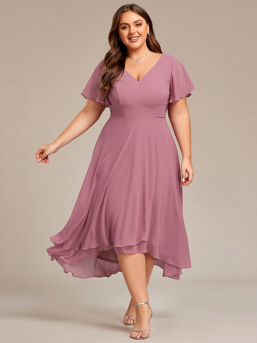 High Low Chiffon Wedding Guest Dress with V-Neck and Ruffle Sleeves #Color_Purple Orchid