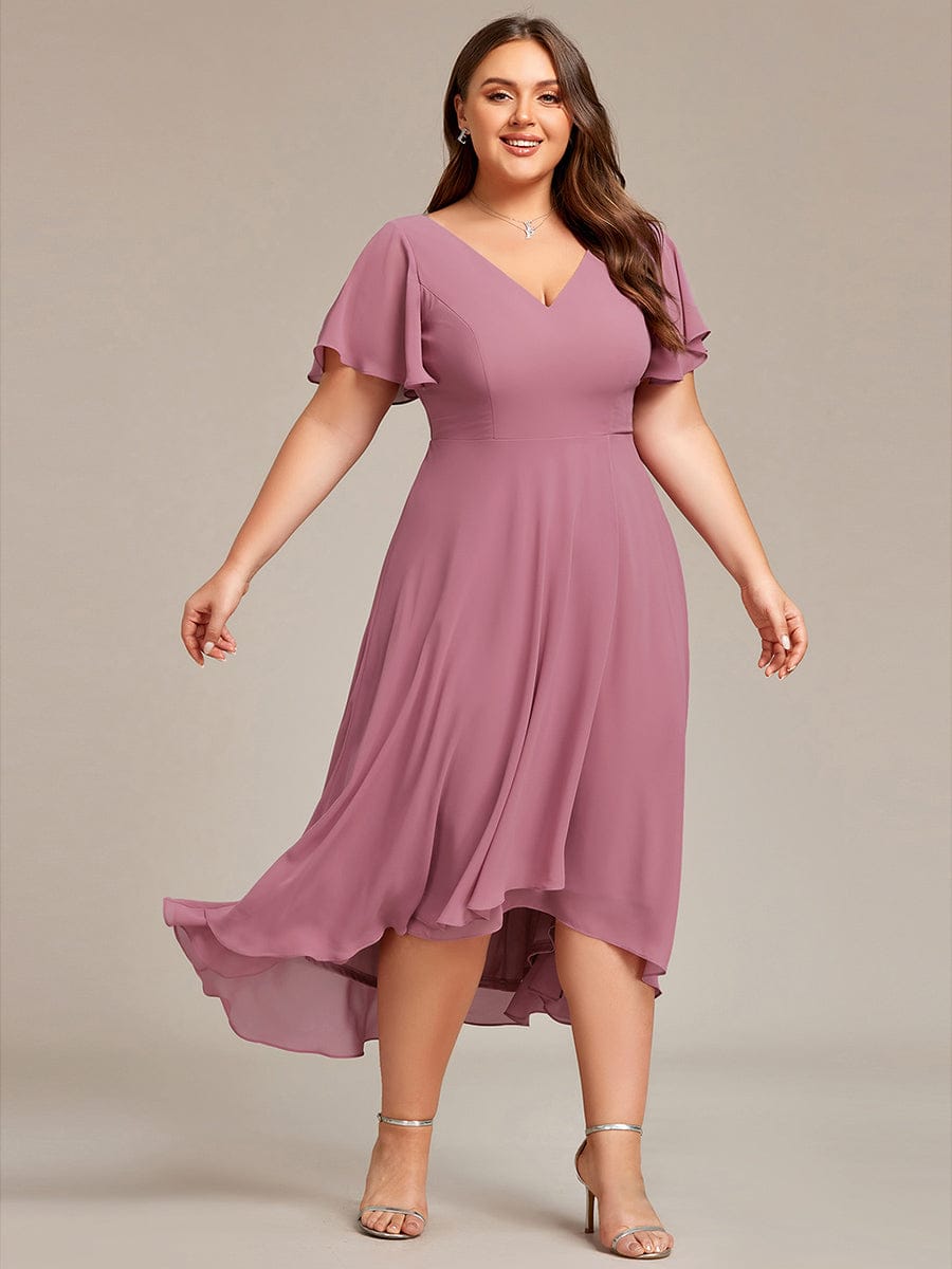 High Low Chiffon Wedding Guest Dress with V-Neck and Ruffle Sleeves #Color_Purple Orchid