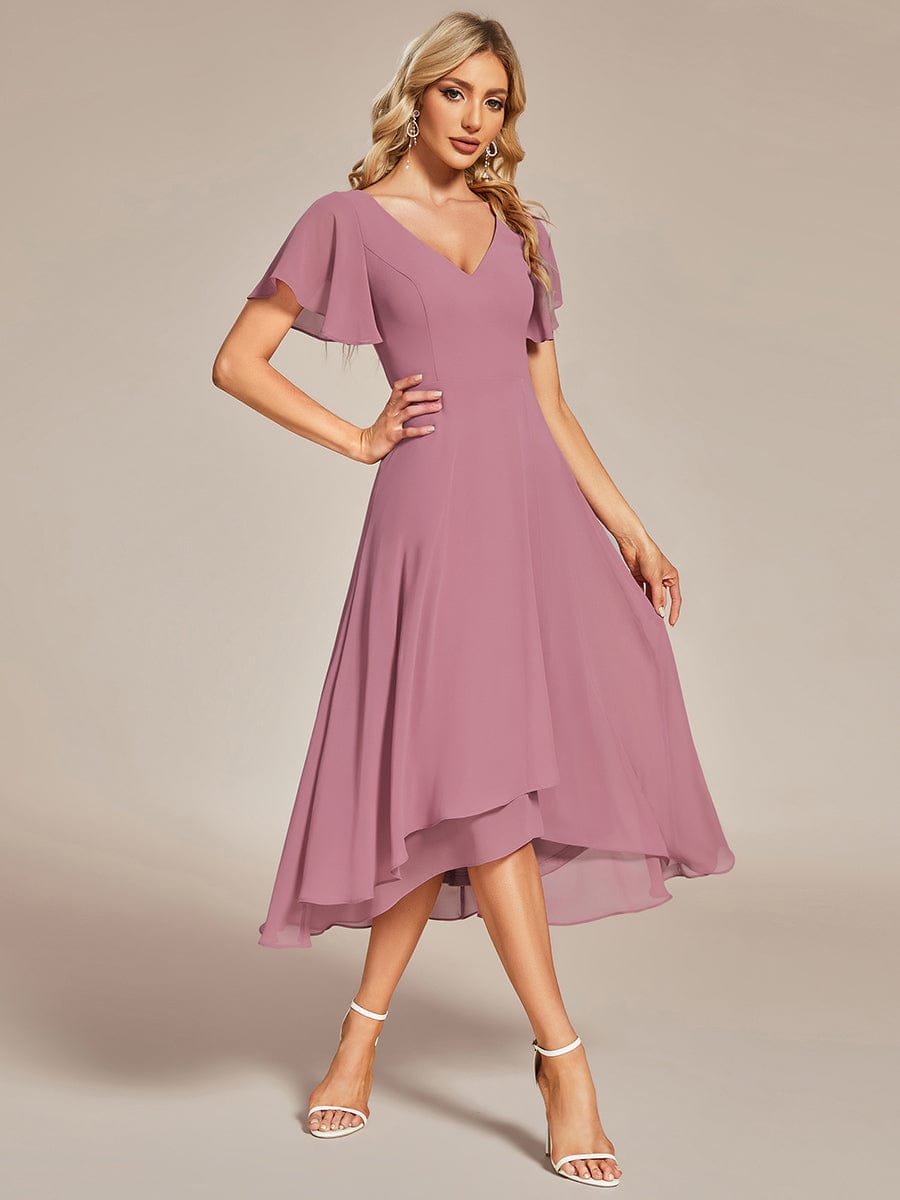 High Low Chiffon Wedding Guest Dress with V-Neck and Ruffle Sleeves #Color_Purple Orchid