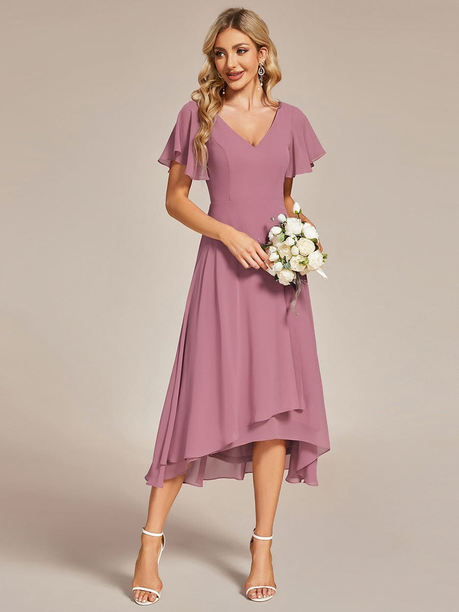 High Low Chiffon Wedding Guest Dress with V-Neck and Ruffle Sleeves #Color_Purple Orchid