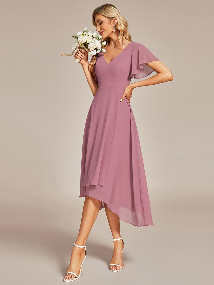 High Low Chiffon Wedding Guest Dress with V-Neck and Ruffle Sleeves #Color_Purple Orchid