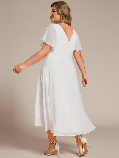 Plus Size High Low Chiffon Wedding Guest Dress with V-Neck and Ruffle Sleeves #Color_White
