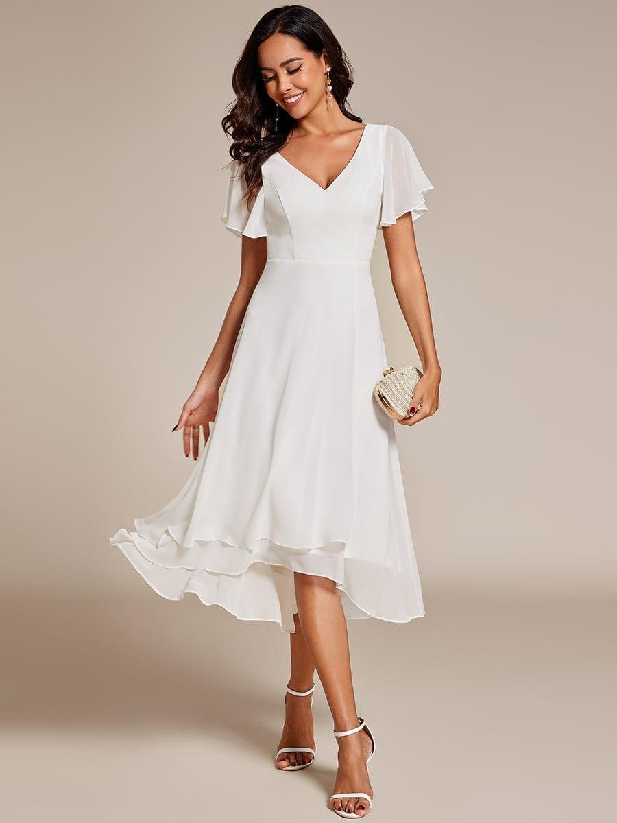 High Low Chiffon Wedding Guest Dress with V-Neck and Ruffle Sleeves #Color_White