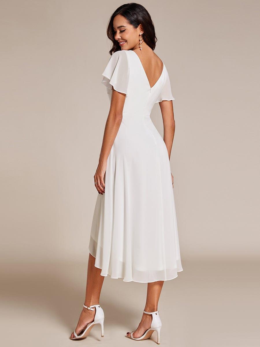High Low Chiffon Wedding Guest Dress with V-Neck and Ruffle Sleeves #Color_White