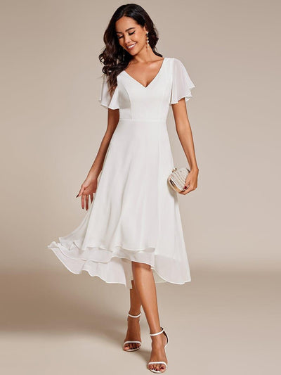High Low Chiffon Wedding Guest Dress with V-Neck and Ruffle Sleeves #Color_White