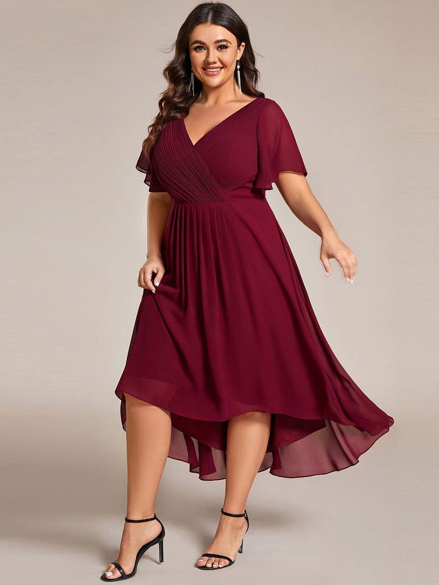 Plus Size V-Neck High-Low Chiffon Wedding Guest Dress #color_Burgundy