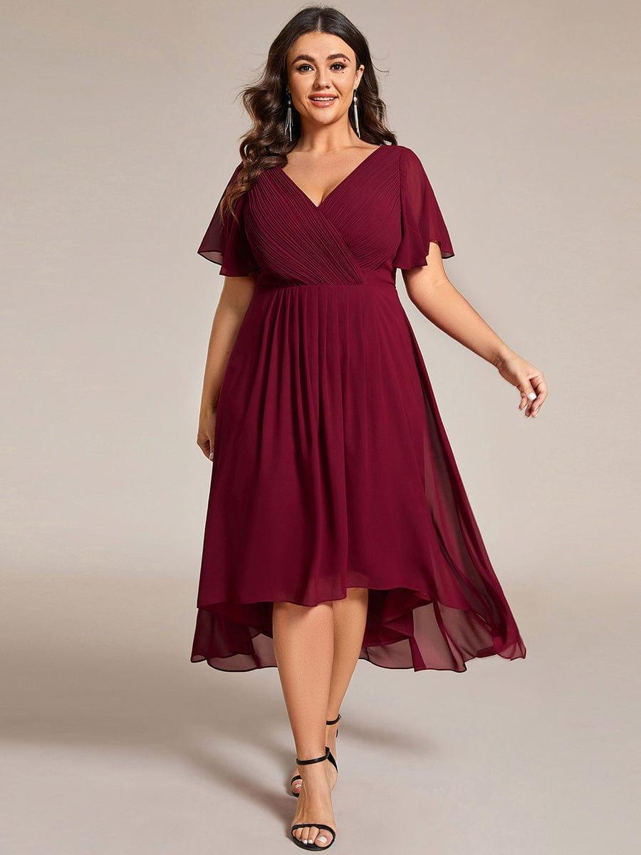 Chic V Neck High-Low Evening Dress #color_Burgundy