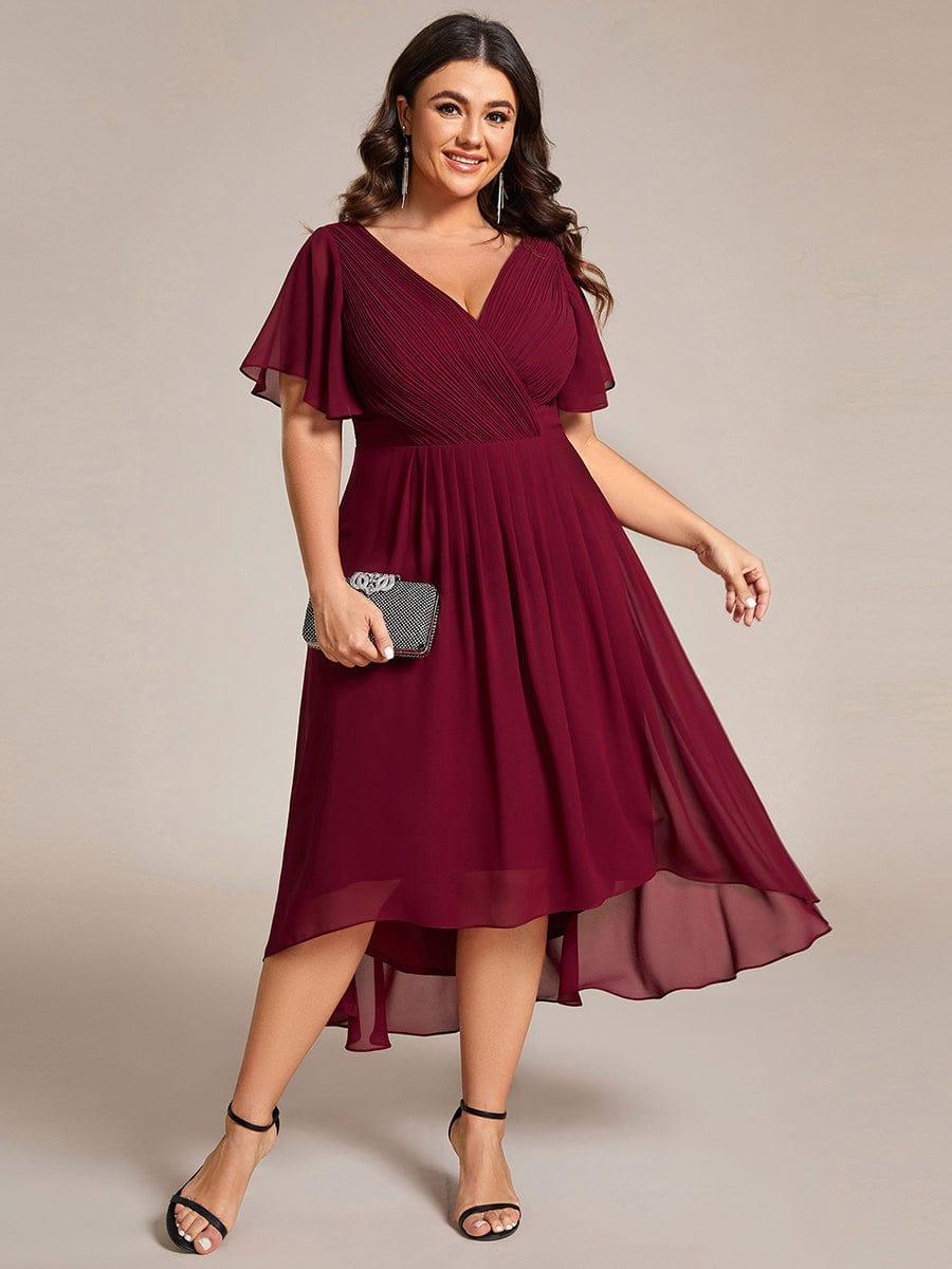 Plus Size V-Neck High-Low Chiffon Wedding Guest Dress #color_Burgundy
