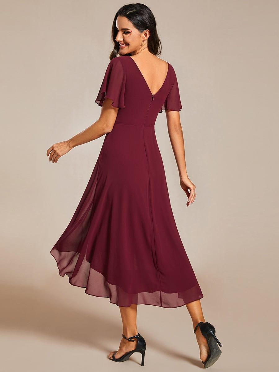 Chic V Neck High-Low Evening Dress #color_Burgundy