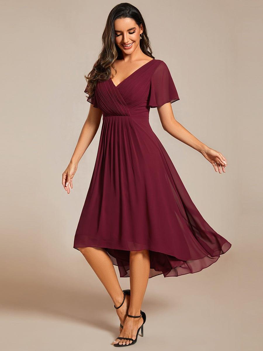 Chic V Neck High-Low Evening Dress #color_Burgundy
