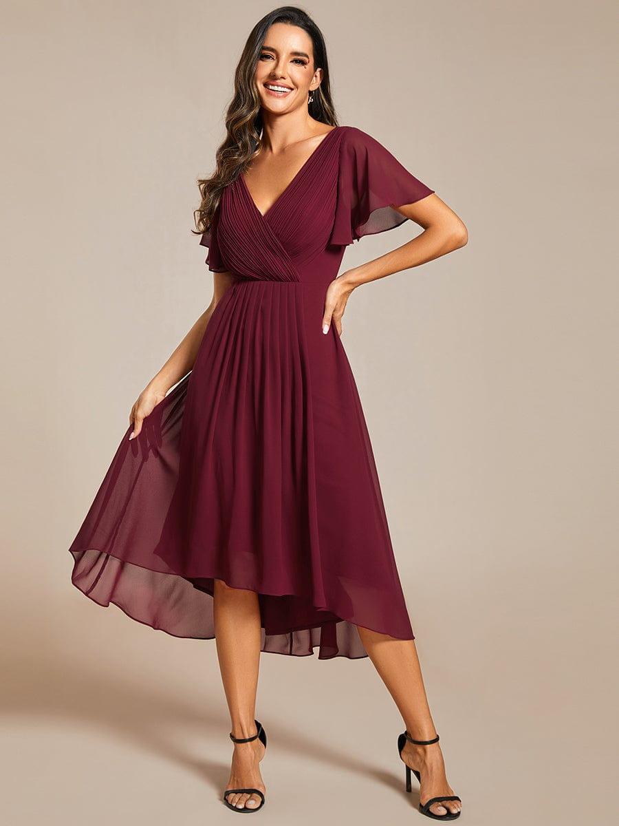 Chic V Neck High-Low Evening Dress #color_Burgundy