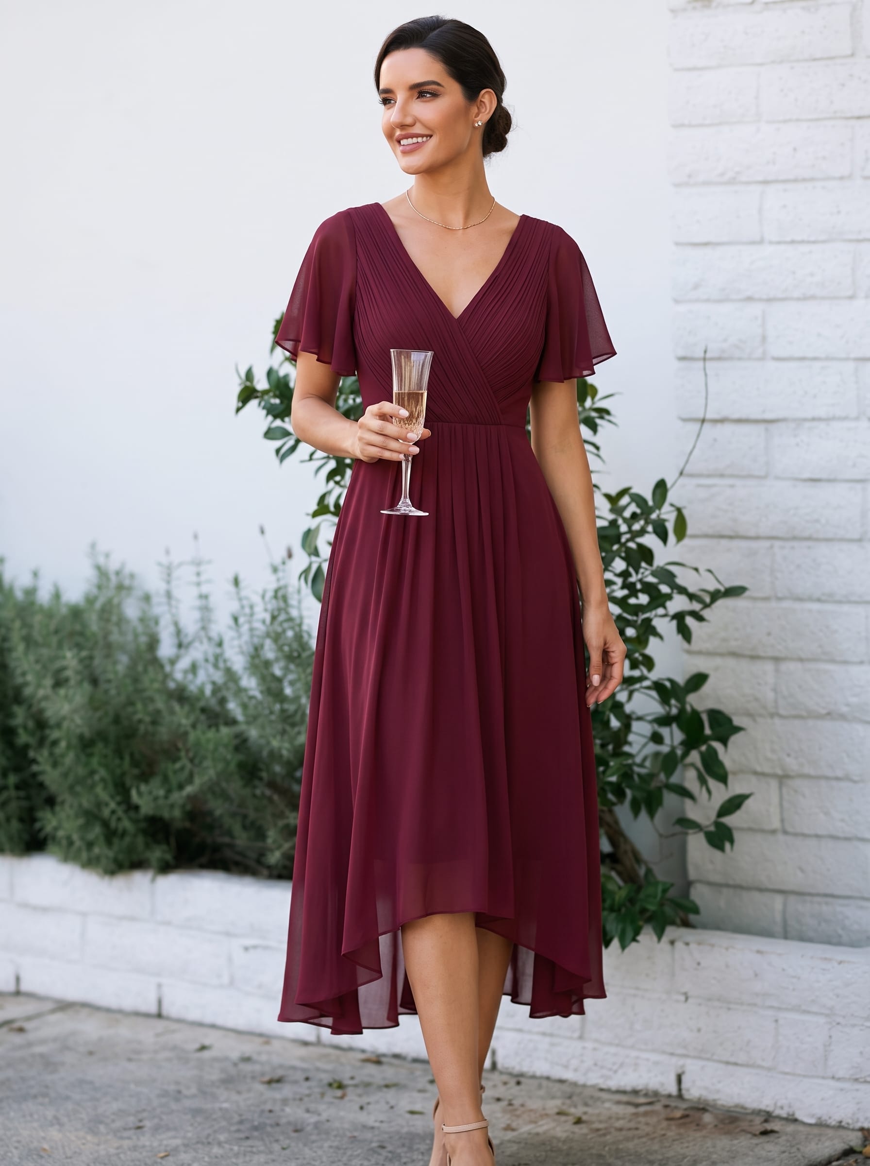 Chic V Neck High-Low Wedding Guest Dress #color_Burgundy