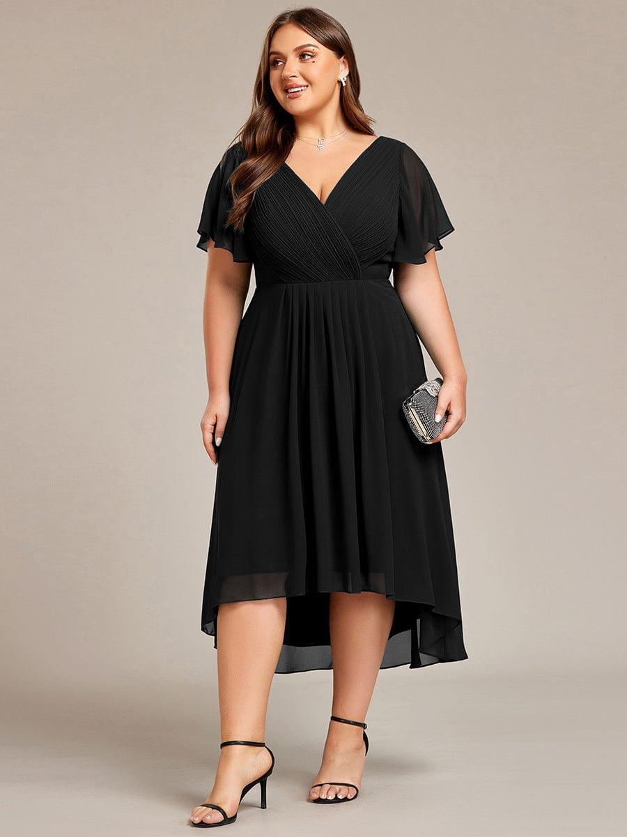 Chic V Neck High-Low Evening Dress #color_Black