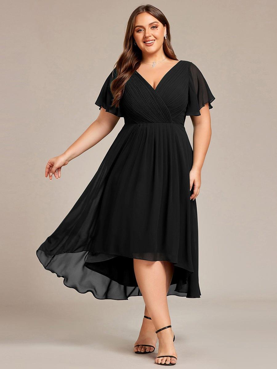Chic V Neck High-Low Evening Dress #color_Black