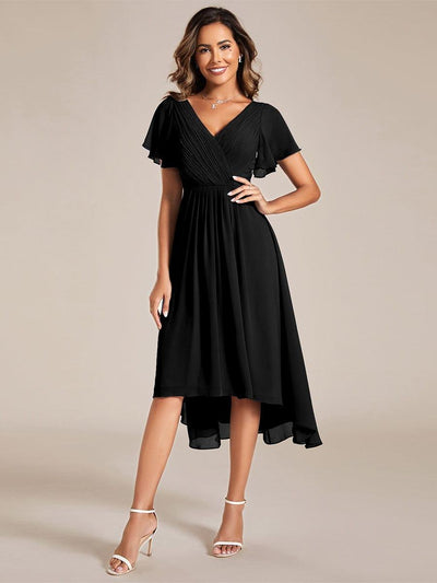 Chic V Neck High-Low Evening Dress #color_Black