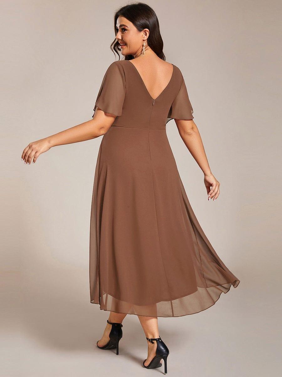 Chic V Neck High-Low Wedding Guest Dress #color_Brown
