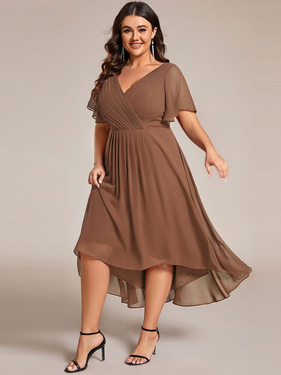 Chic V Neck High-Low Wedding Guest Dress #color_Brown