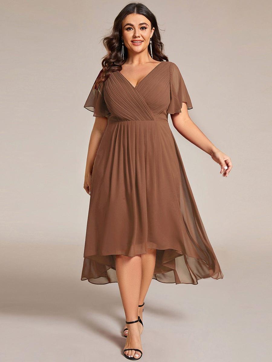 Chic V Neck High-Low Wedding Guest Dress #color_Brown