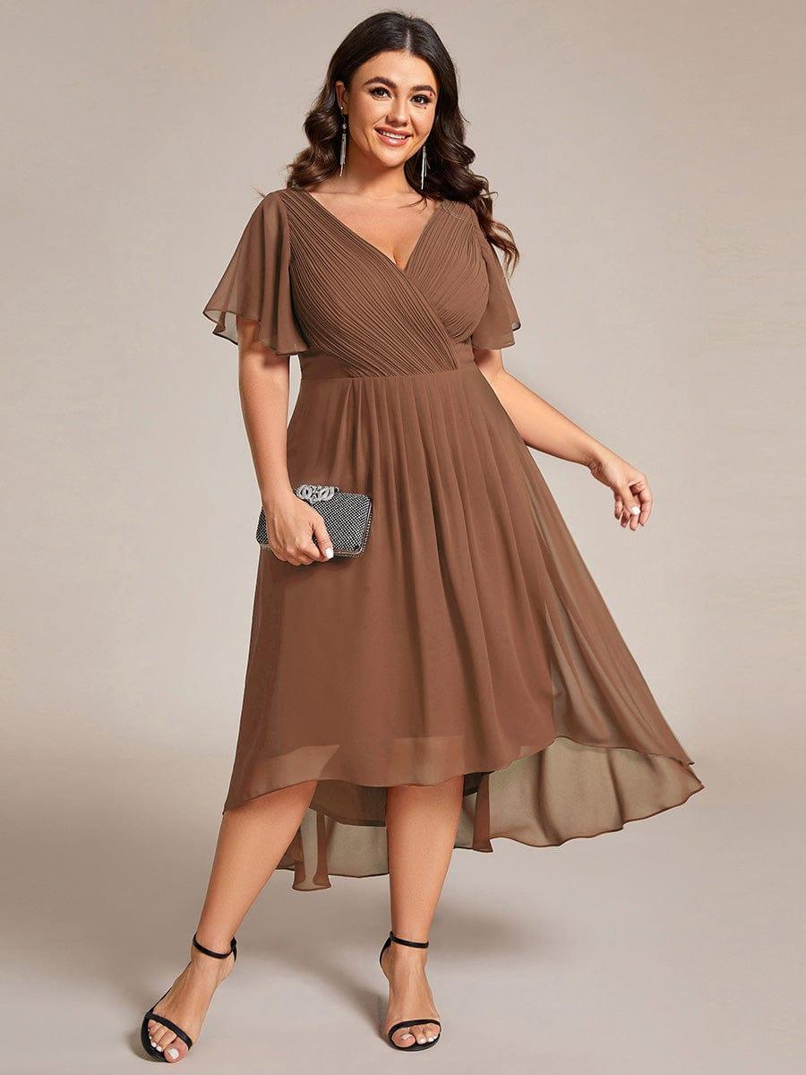 Chic V Neck High-Low Wedding Guest Dress #color_Brown