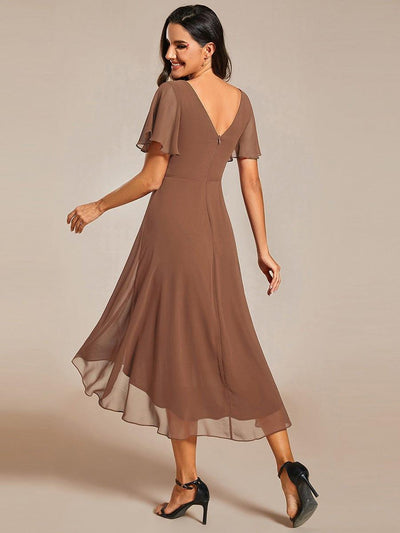 Chic V Neck High-Low Wedding Guest Dress #color_Brown
