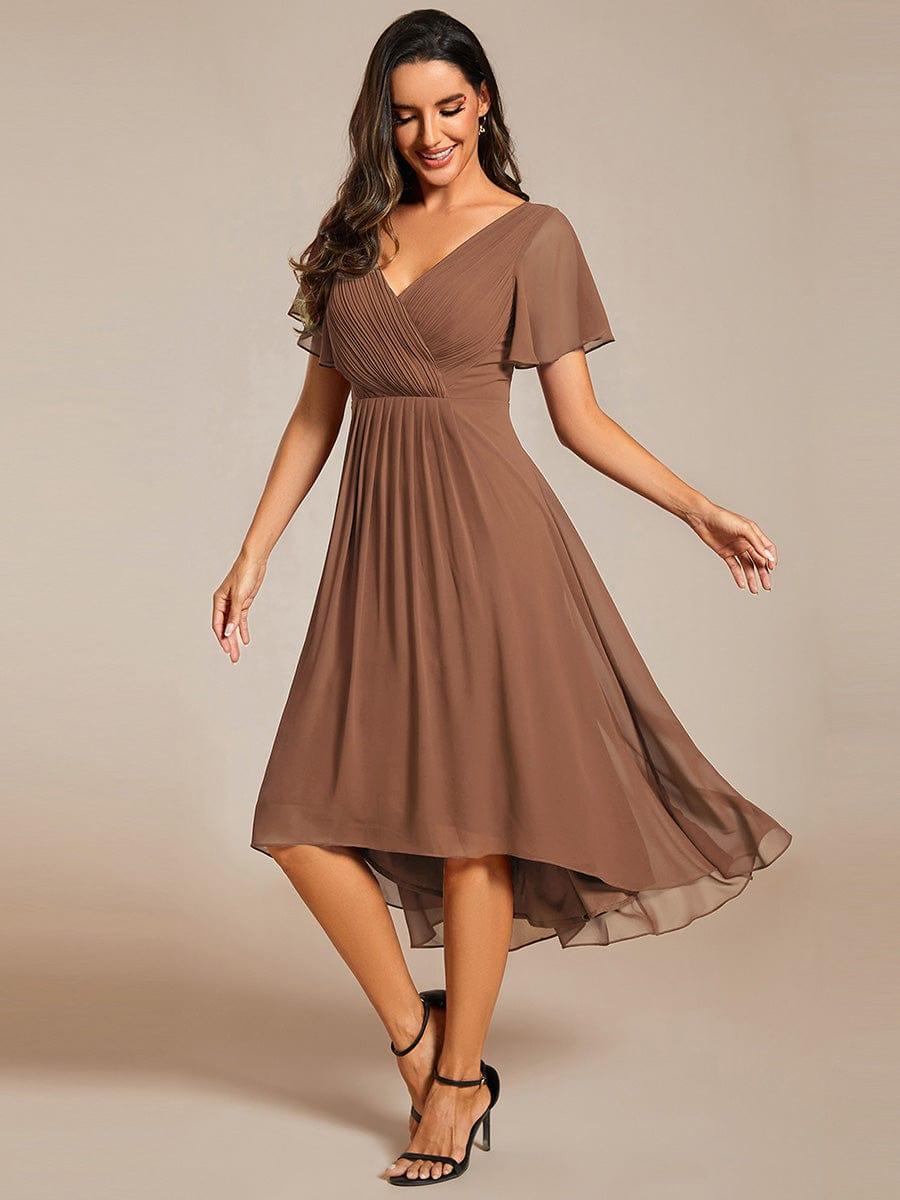 Chic V Neck High-Low Wedding Guest Dress #color_Brown