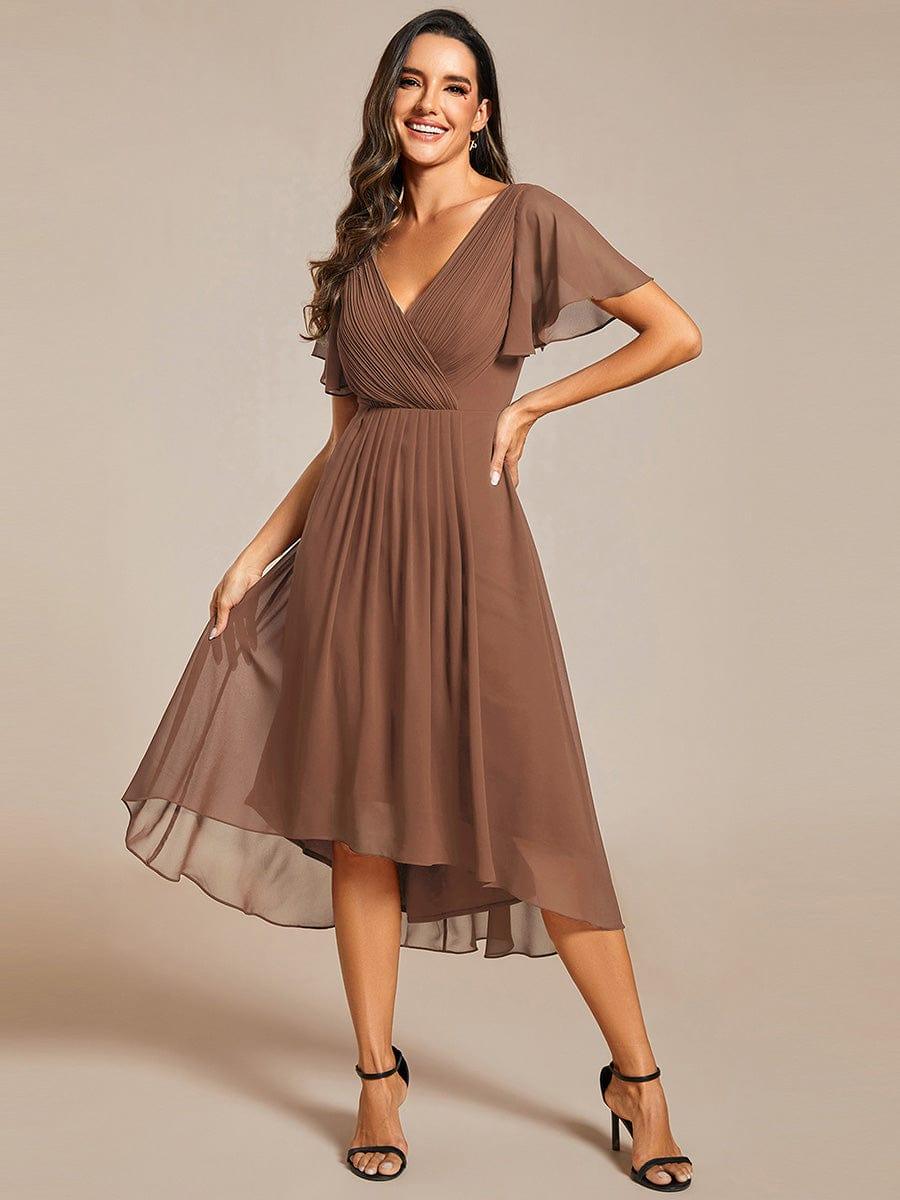 Chic V Neck High-Low Wedding Guest Dress #color_Brown