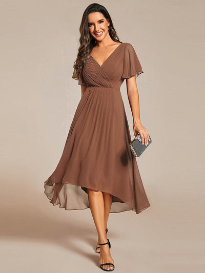 Chic V Neck High-Low Evening Dress #color_Brown