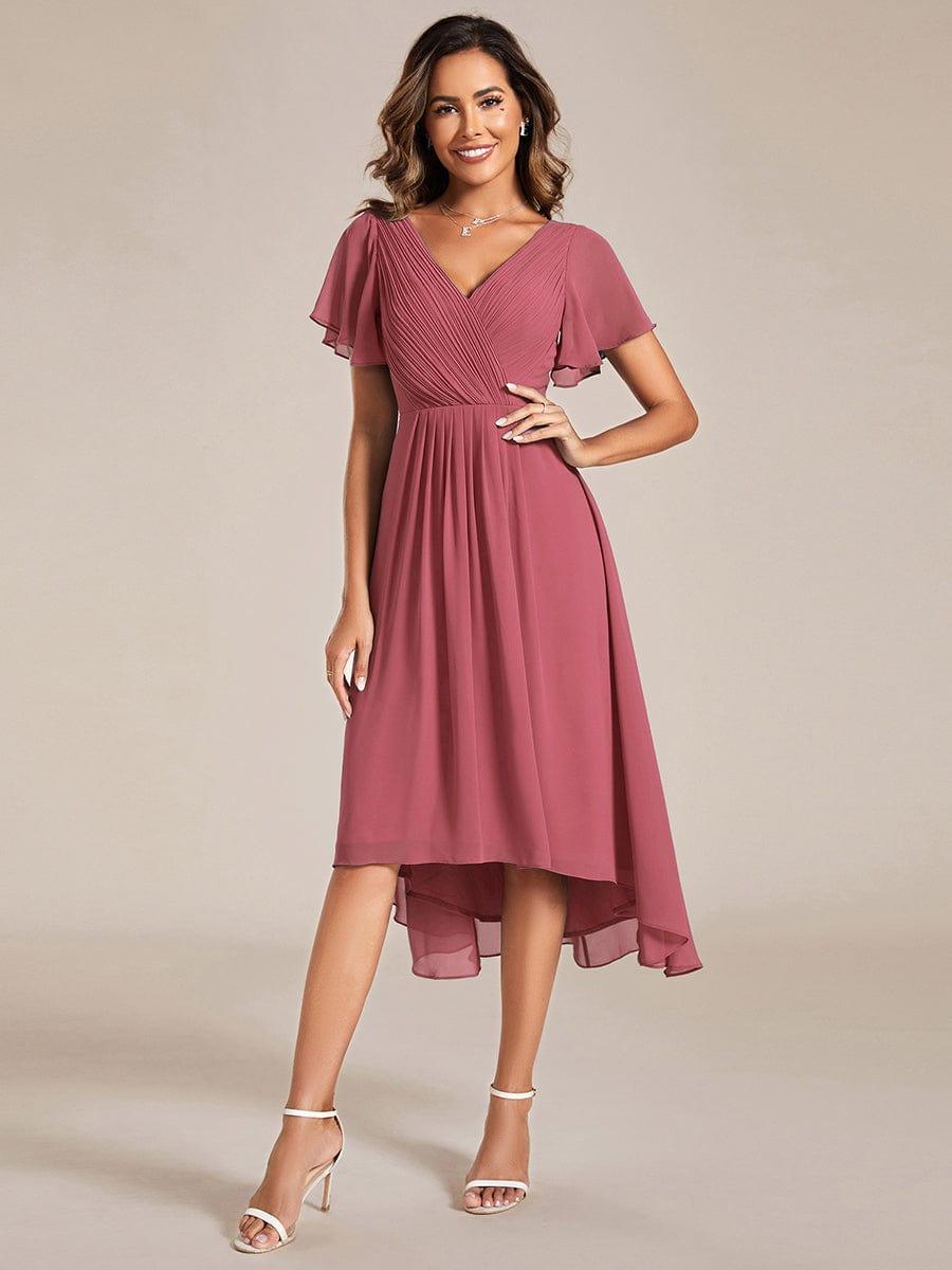 ever FAYE|Chic V Neck High-Low Short Sleeve Wedding Guest Dress #color_Cameo Brown