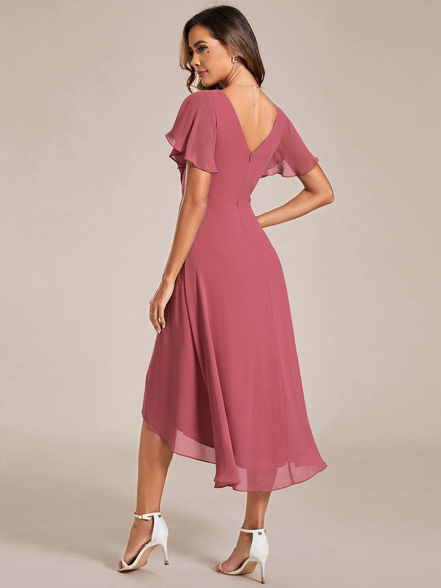 ever FAYE|Chic V Neck High-Low Short Sleeve Wedding Guest Dress #color_Cameo Brown