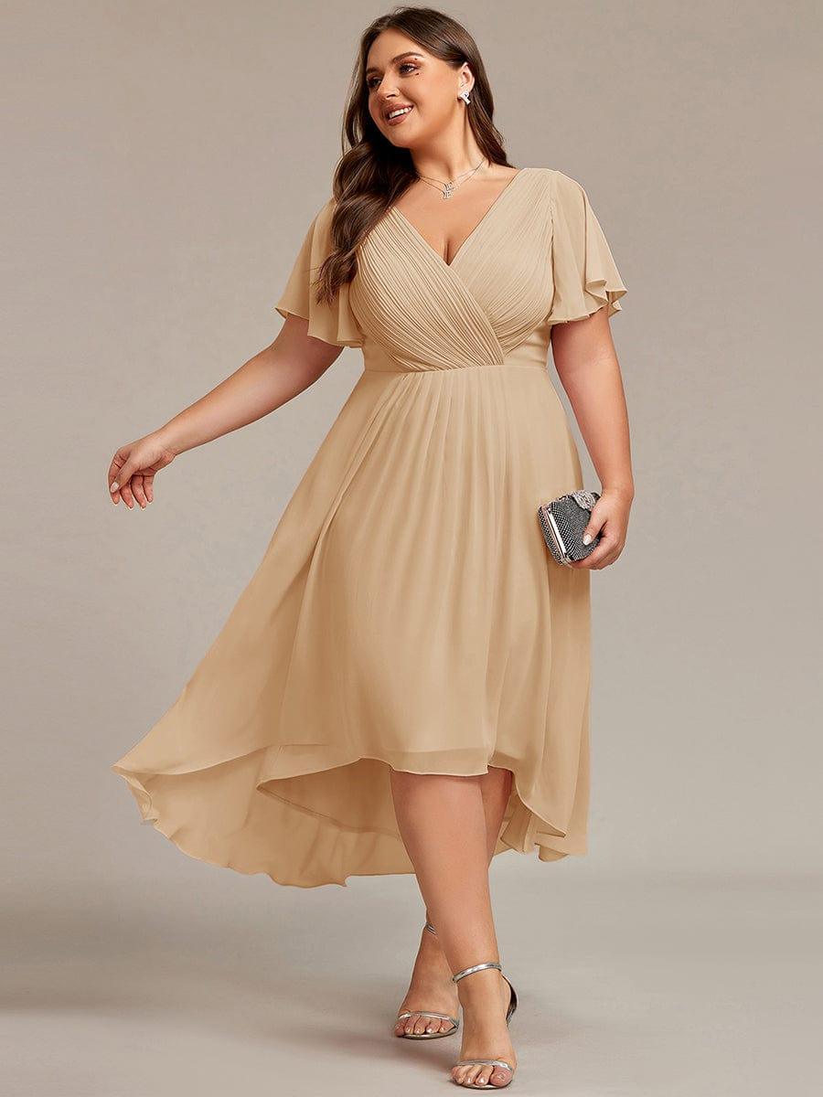 Chic V Neck High-Low Wedding Guest Dress #color_Champagne