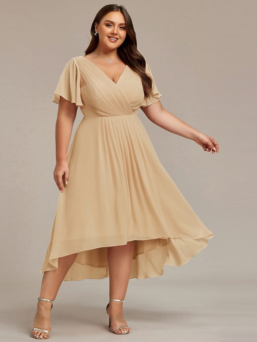Chic V Neck High-Low Wedding Guest Dress #color_Champagne