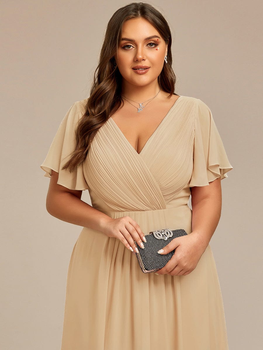Chic V Neck High-Low Wedding Guest Dress #color_Champagne