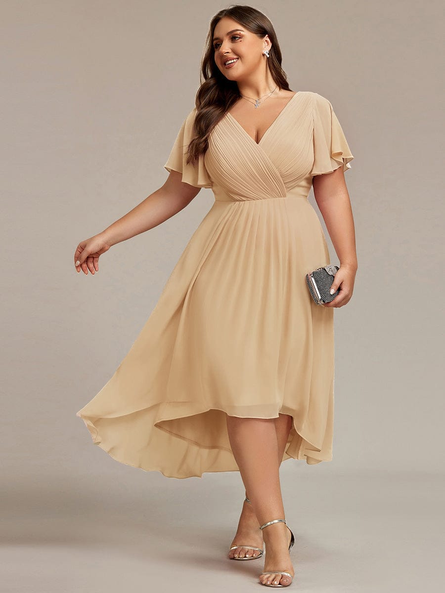 Chic V Neck High-Low Wedding Guest Dress #color_Champagne