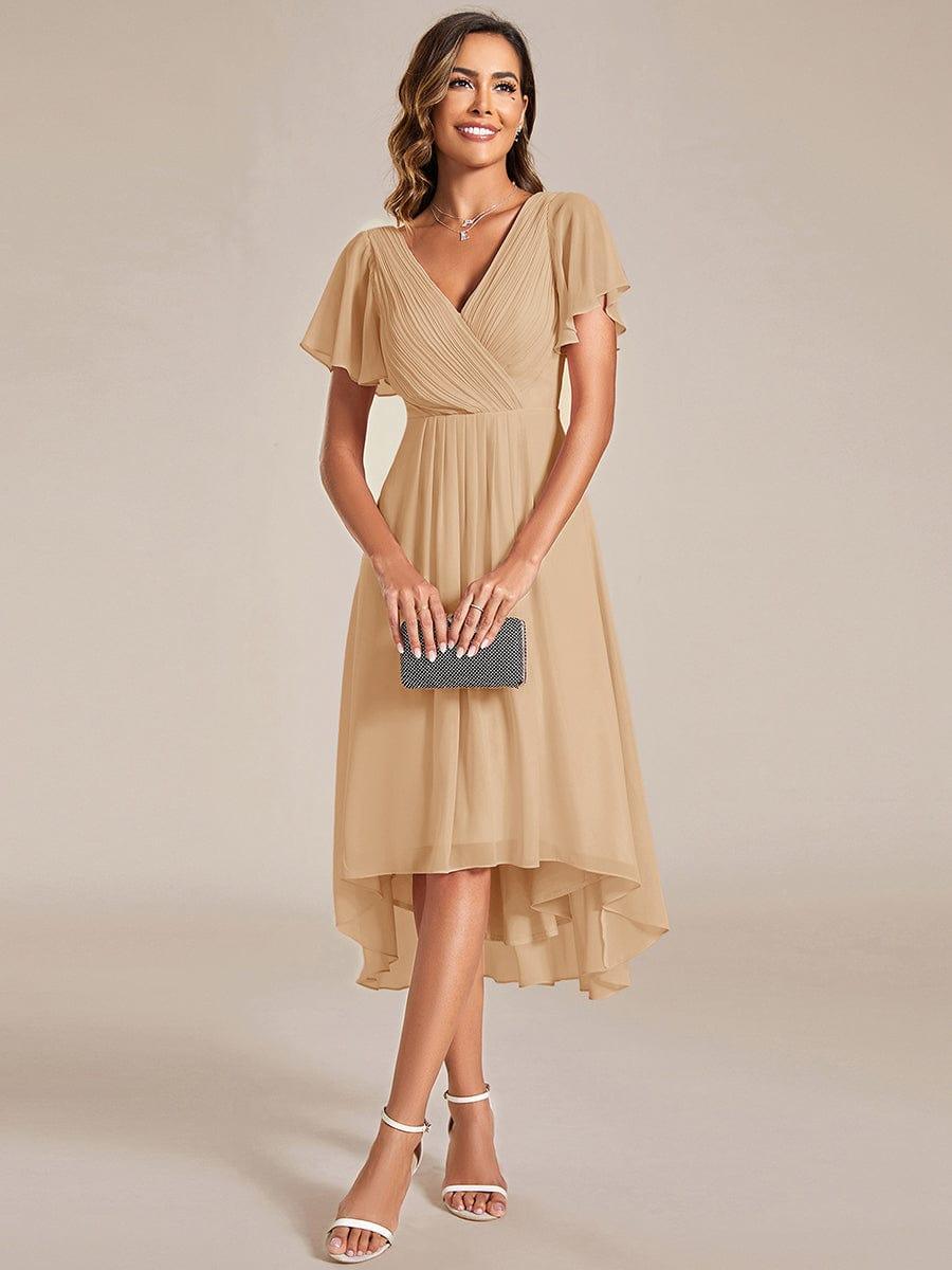 Chic V Neck High-Low Wedding Guest Dress #color_Champagne