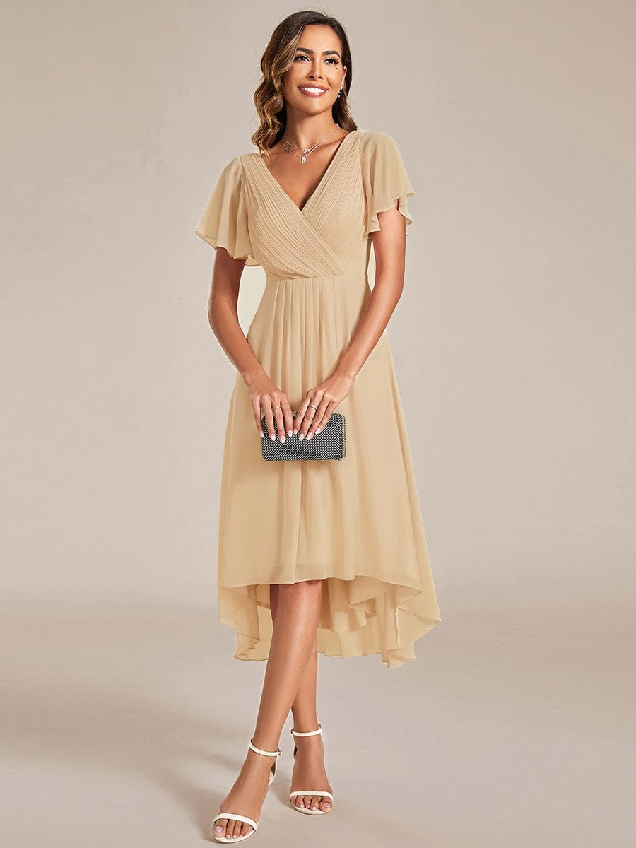 Chic V Neck High-Low Wedding Guest Dress #color_Champagne
