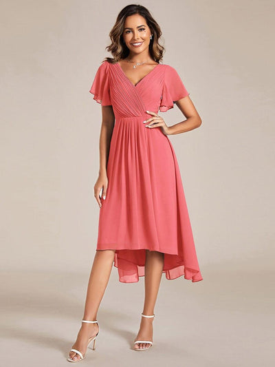 ever FAYE|Chic V Neck High-Low Short Sleeve Wedding Guest Dress #color_Coral