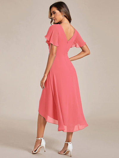 ever FAYE|Chic V Neck High-Low Short Sleeve Wedding Guest Dress #color_Coral