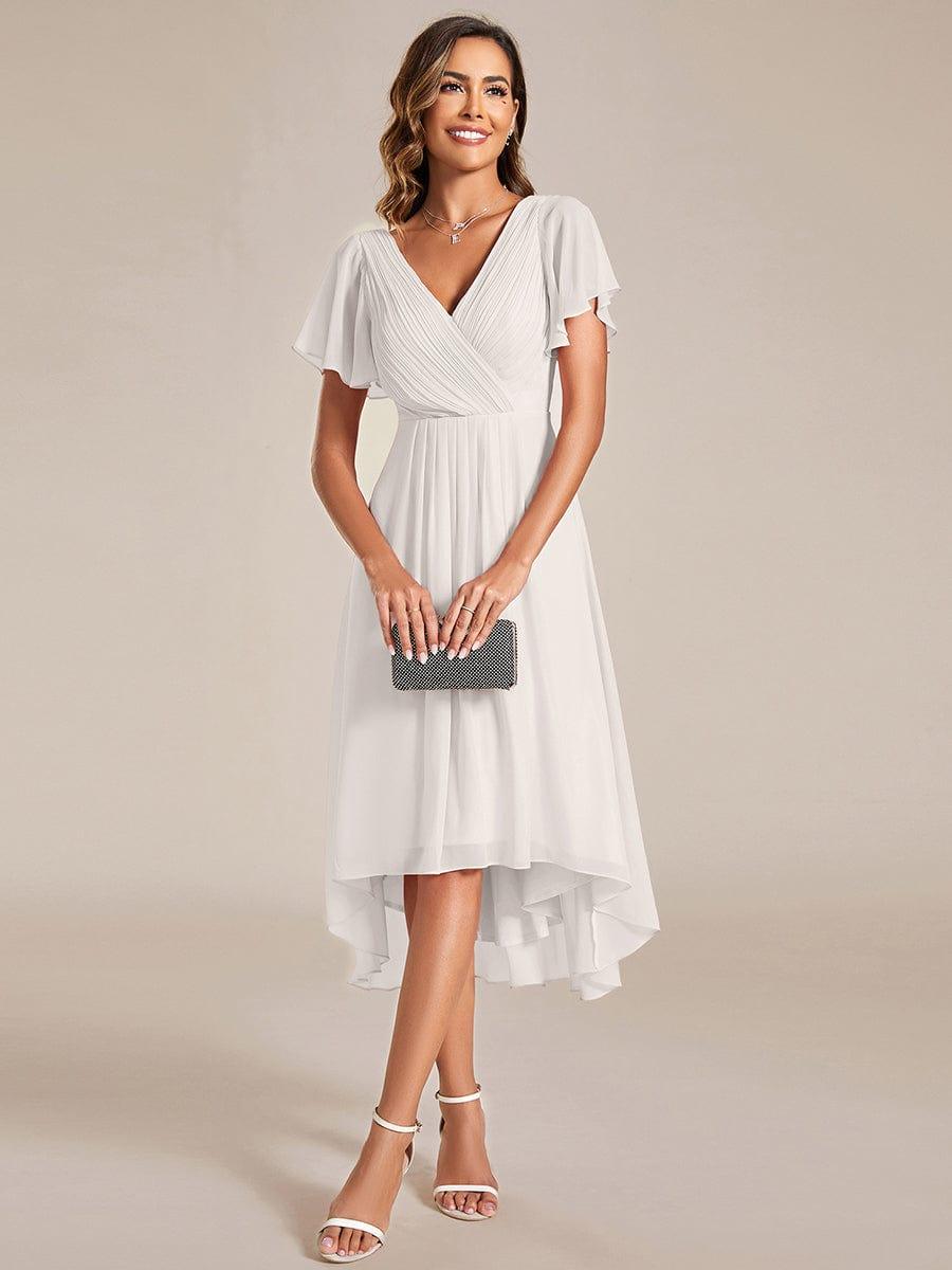 ever FAYE|Chic V Neck High-Low Short Sleeve Wedding Guest Dress #color_Cream