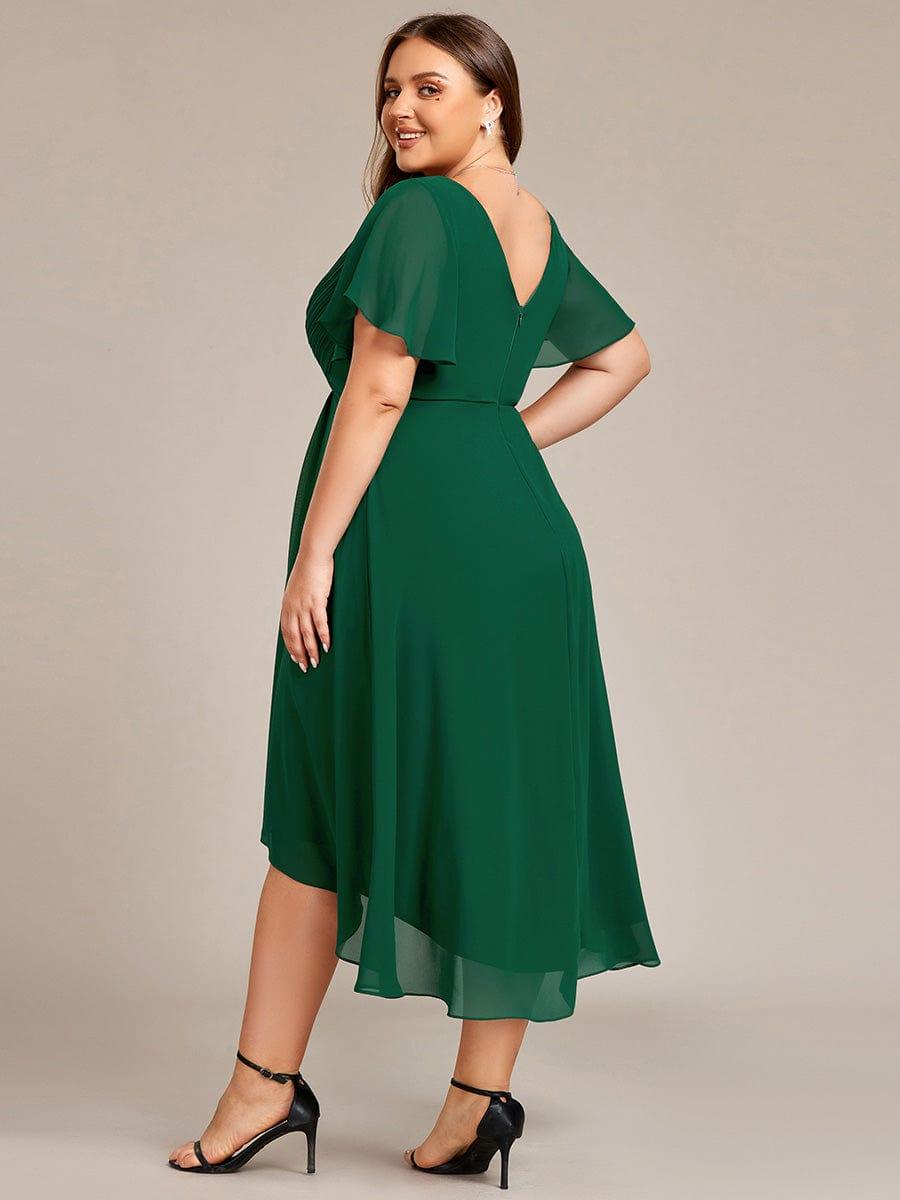 Chic V Neck High-Low Evening Dress #color_Dark Green