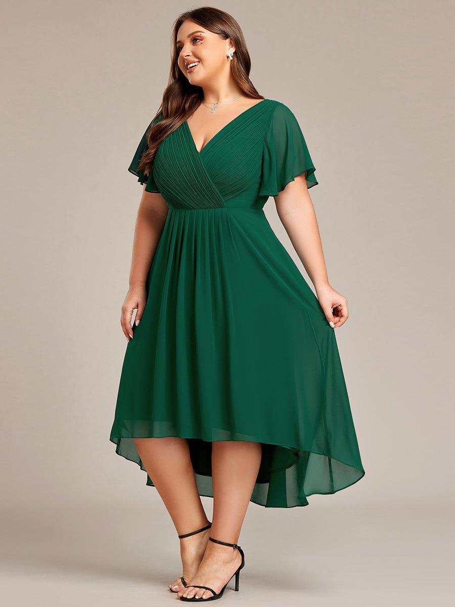 Chic V Neck High-Low Evening Dress #color_Dark Green