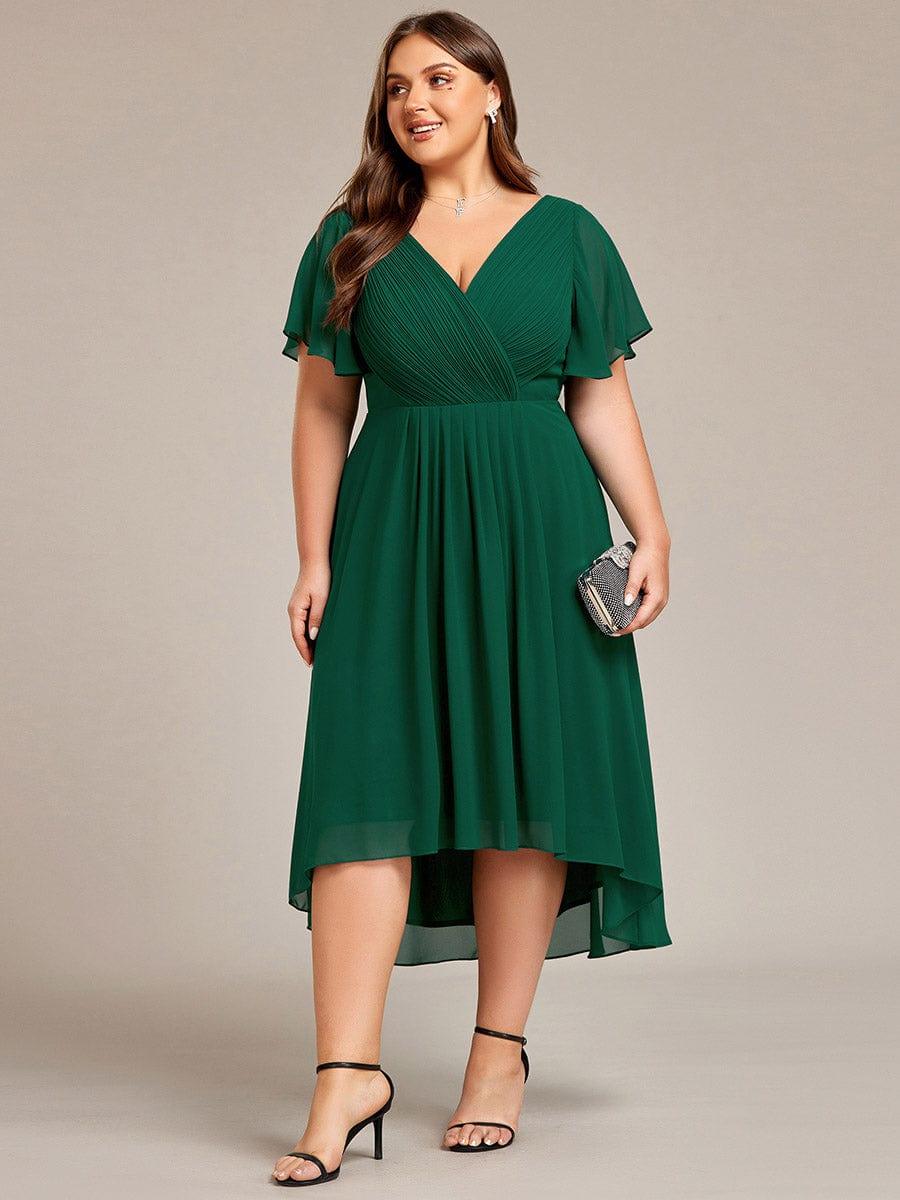 Chic V Neck High-Low Evening Dress #color_Dark Green
