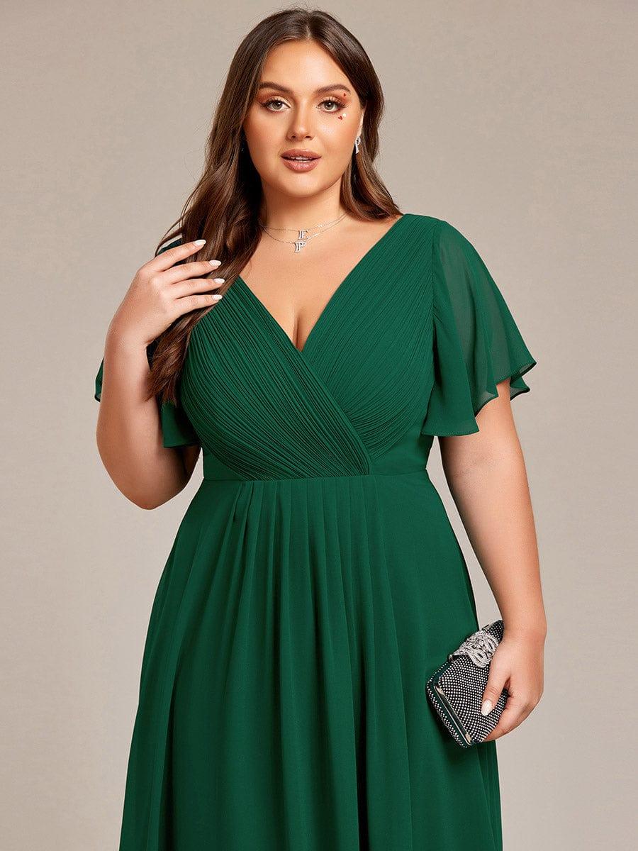 Chic V Neck High-Low Wedding Guest Dress #color_Dark Green