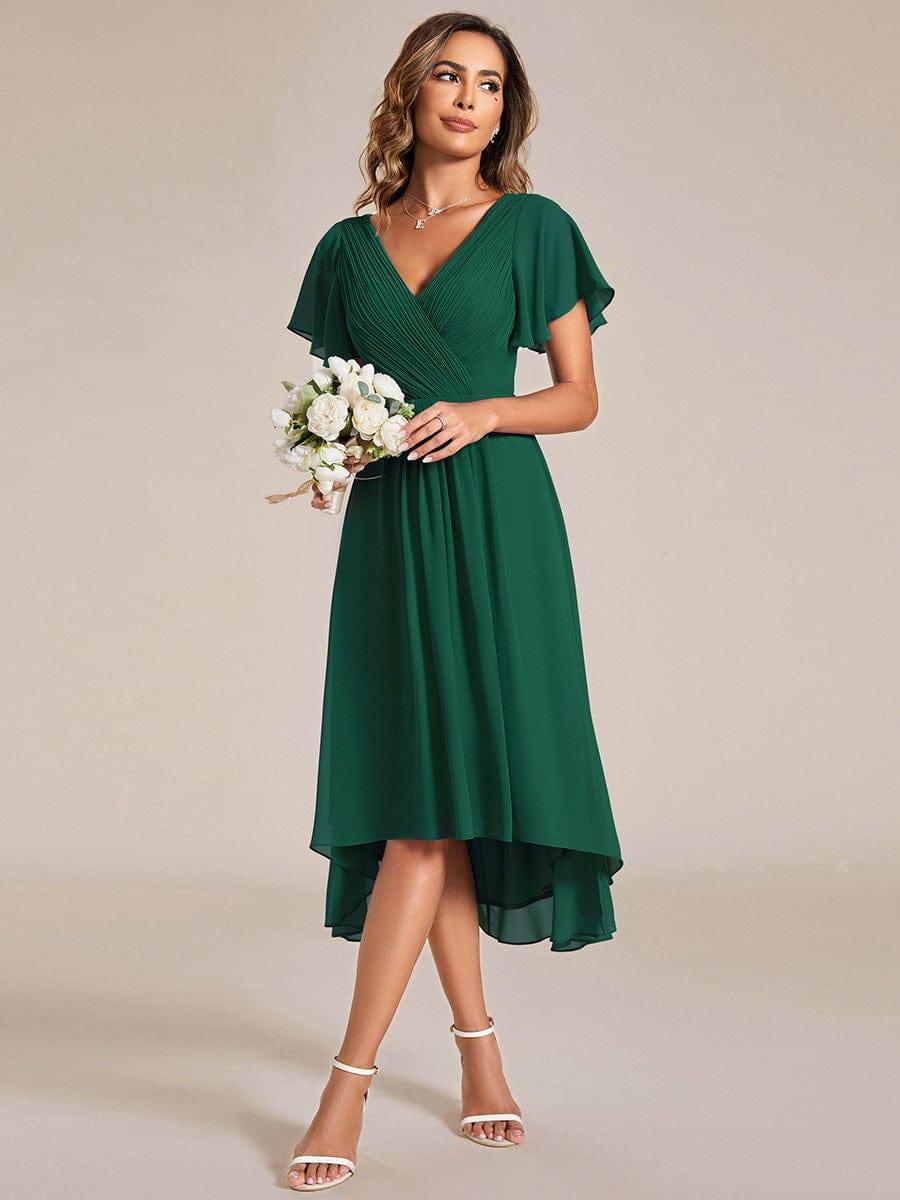 Chic V Neck High-Low Evening Dress #color_Dark Green