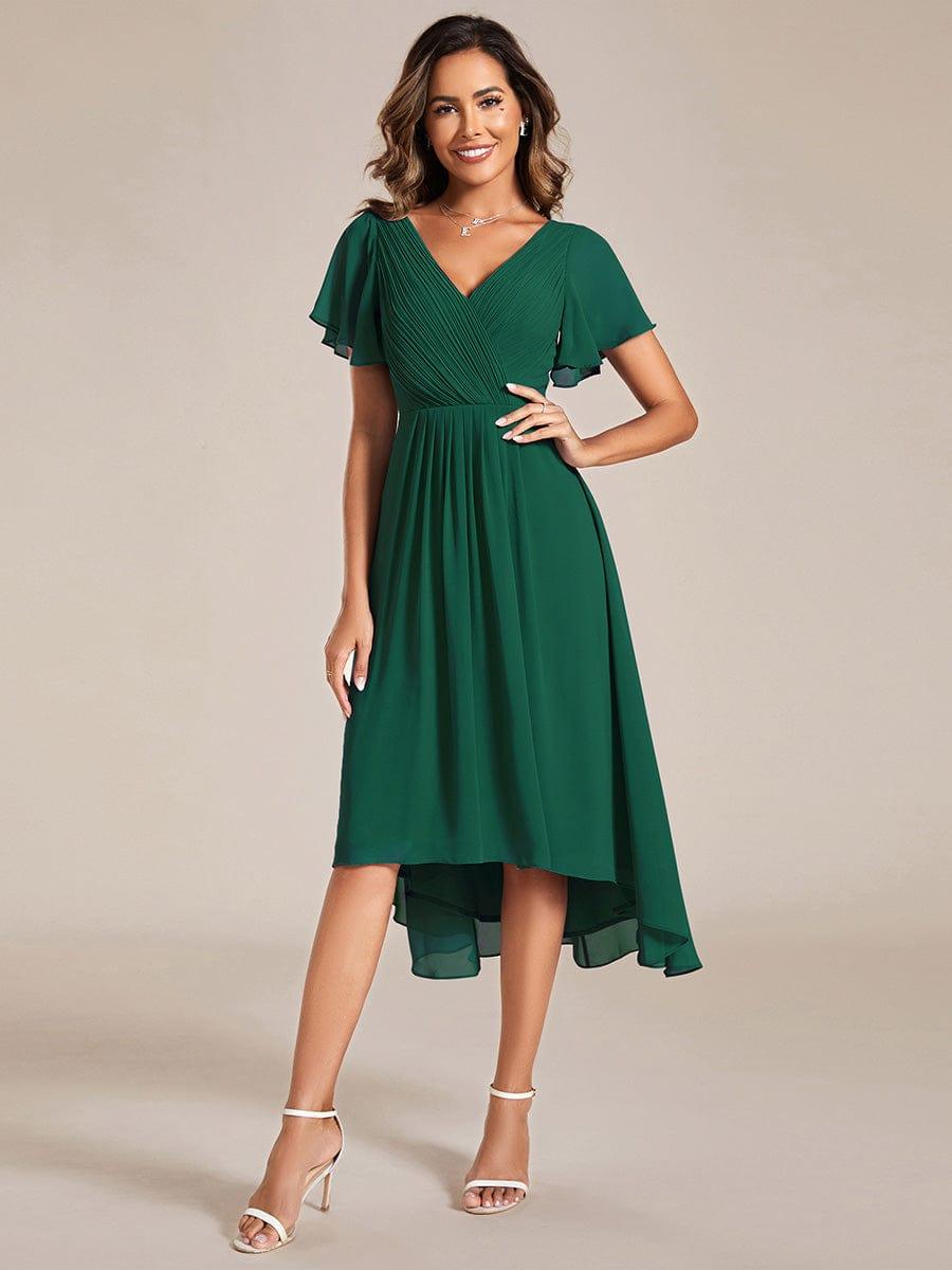 Chic V Neck High-Low Evening Dress #color_Dark Green