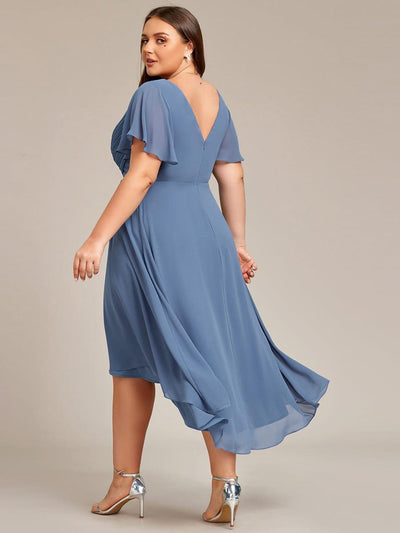 Plus Size V-Neck High-Low Chiffon Wedding Guest Dress #color_Dusty Blue