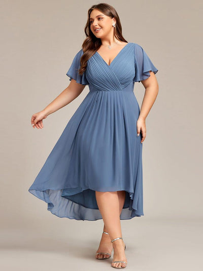 Plus Size V-Neck High-Low Chiffon Wedding Guest Dress #color_Dusty Blue
