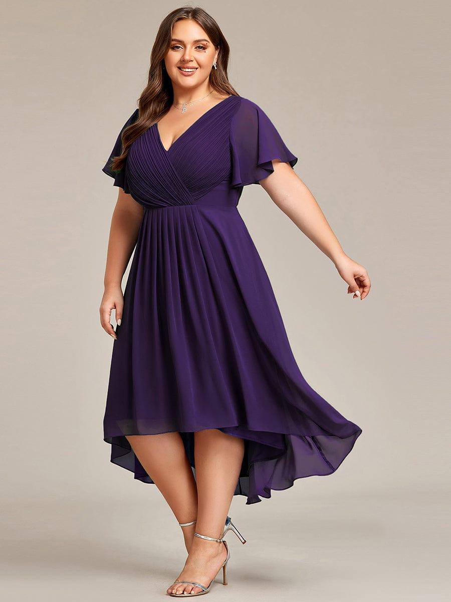Chic V Neck High-Low Evening Dress #color_Dark Purple